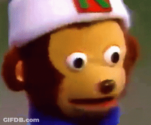 A Close Up Of A Stuffed Monkey Wearing A Hat With The Letter N On It GIF