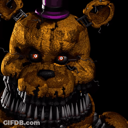 A Close Up Of A Teddy Bear 'S Face With Sharp Teeth GIF