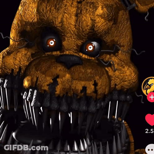 A Close Up Of A Teddy Bear 'S Face With Spikes And A Red Circle That Says 2.5 GIF