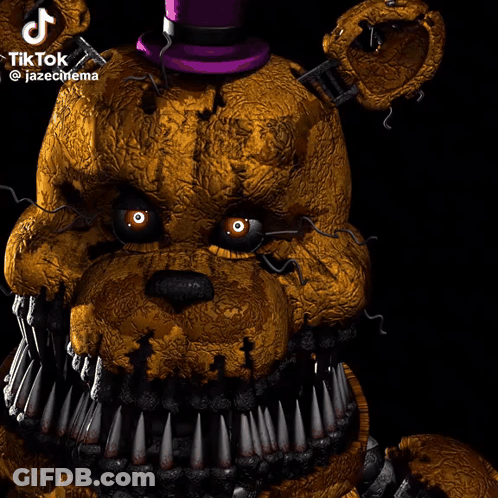 A Close Up Of A Teddy Bear With Sharp Teeth And A Purple Top Hat That Says Tiktok GIF