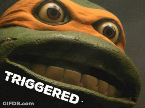 A Close Up Of A Teenage Mutant Ninja Turtle 'S Face With The Word Triggered On The Bottom GIF