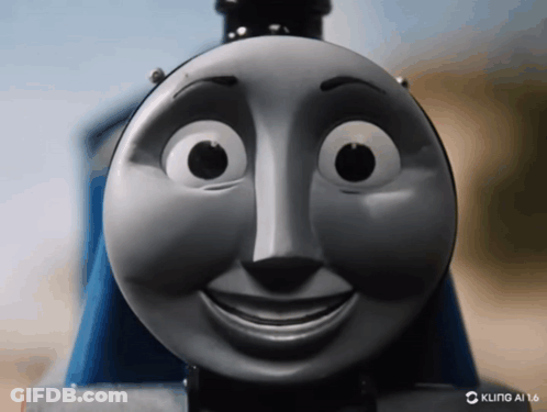 A Close Up Of A Thomas The Tank Engine 'S Face With A Kling Ai Logo In The Corner GIF