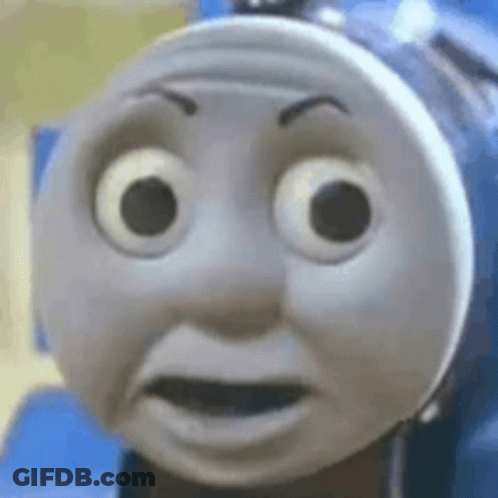 A Close Up Of A Thomas The Tank Engine 'S Face With A Surprised Look On His Face . GIF