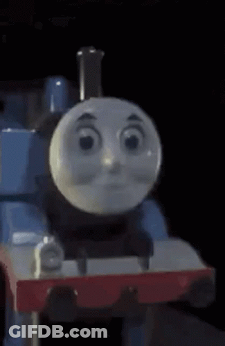 A Close Up Of A Thomas The Tank Engine With A Sad Face . GIF