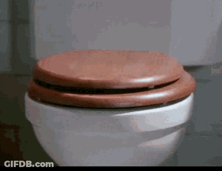 A Close Up Of A Toilet With A Wooden Seat . GIF