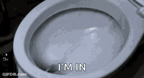 A Close Up Of A Toilet With Water Coming Out Of It And The Words `` I 'M In '' Written On It . GIF