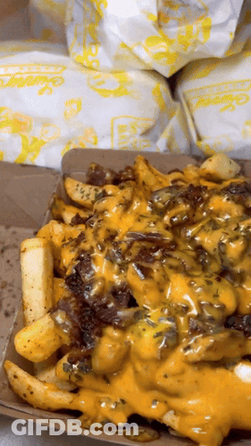 A Close Up Of A Tray Of French Fries With Cheese And Meat GIF