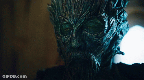 A Close Up Of A Tree Face With A Beard And Green Eyes GIF
