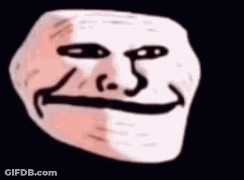 A Close Up Of A Troll Face On A Black Background GIF