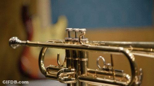 A Close Up Of A Trumpet With A Guitar Behind It GIF