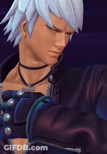 A Close Up Of A Video Game Character With A Choker Around His Neck GIF
