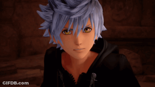 A Close Up Of A Video Game Character With Grey Hair And Yellow Eyes GIF