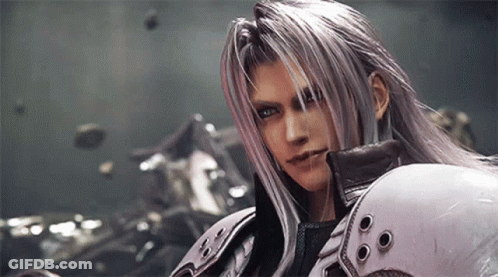 A Close Up Of A Video Game Character With Long Gray Hair And Armor . GIF