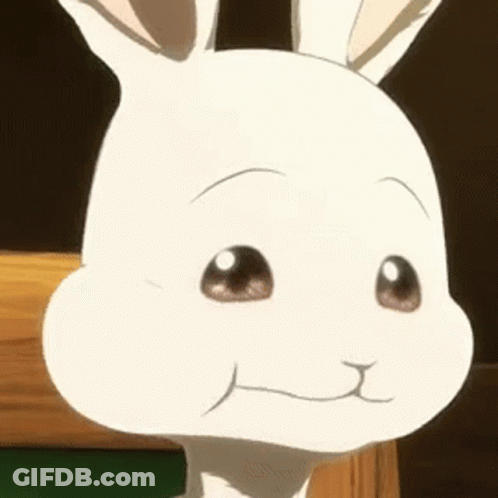 A Close Up Of A White Rabbit 'S Face With Big Eyes And A Slight Smile . GIF