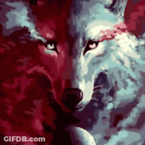 A Close Up Of A Wolf 'S Face In A Colorful Painting GIF