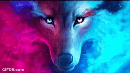 A Close Up Of A Wolf 'S Face With Red And Blue Eyes GIF