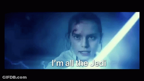 A Close Up Of A Woman Holding A Light Saber And Saying `` I 'M All The Jedi '' . GIF