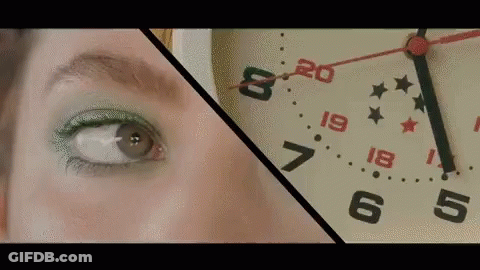 A Close Up Of A Woman 'S Eye Next To A Clock With The Hands On The Numbers 20 And 19 GIF