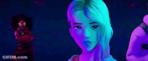 A Close Up Of A Woman 'S Face In A Cartoon With A Purple Background . GIF