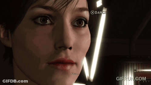 A Close Up Of A Woman 'S Face In A Video Game With A Dance Button In The Corner GIF