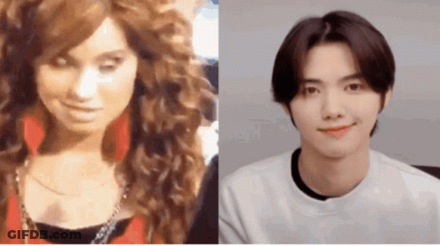 A Close Up Of A Woman 'S Face Next To A Close Up Of A Boy 'S Face GIF