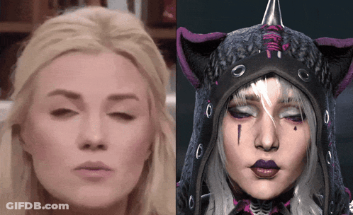 A Close Up Of A Woman 'S Face Next To A Close Up Of A Woman 'S Face In A Cat Costume GIF