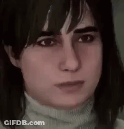 A Close Up Of A Woman 'S Face Wearing A Turtleneck And Looking At The Camera . GIF