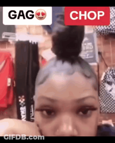 A Close Up Of A Woman 'S Face With A Bun In Her Hair And The Words `` Gag Chop '' On The Bottom . GIF