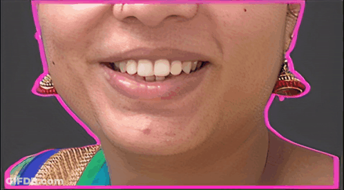 A Close Up Of A Woman 'S Face With A Pink Border Around Her Mouth GIF