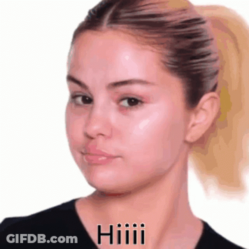 A Close Up Of A Woman 'S Face With A Ponytail And The Word Hi Written On It GIF