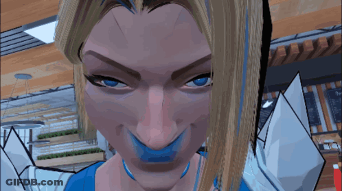 A Close Up Of A Woman 'S Face With A Sign In The Background That Says ' Pur ' GIF