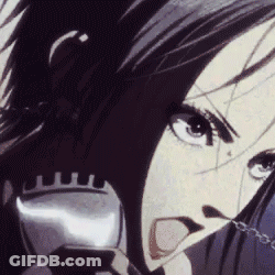A Close Up Of A Woman 'S Face With A Sword In Her Mouth . GIF