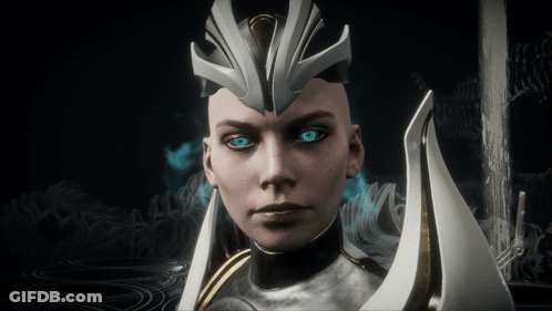 A Close Up Of A Woman 'S Face With Blue Eyes In A Video Game GIF