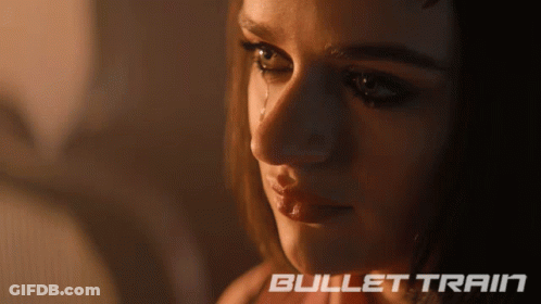 A Close Up Of A Woman 'S Face With Bullet Train Written On The Bottom Right GIF
