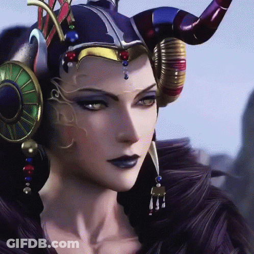 A Close Up Of A Woman 'S Face With Horns On Her Head GIF