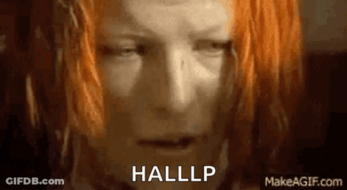 A Close Up Of A Woman 'S Face With Orange Hair And The Words Hallp Written On It . GIF