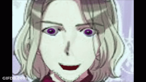 A Close Up Of A Woman 'S Face With Purple Eyes And A Red Mouth . GIF