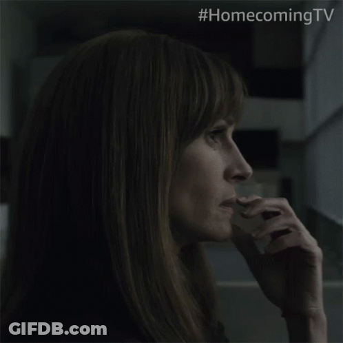 A Close Up Of A Woman 'S Face With The Hashtag #Homecomingtv On The Bottom GIF