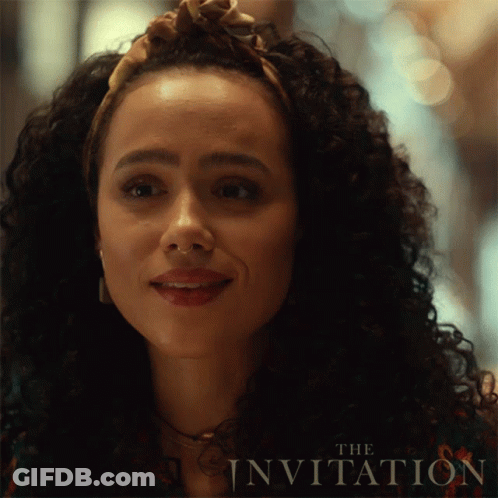 A Close Up Of A Woman 'S Face With The Invitation Written On The Bottom Right GIF