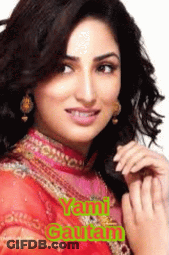 A Close Up Of A Woman 'S Face With The Name Yami Gautam In Green GIF