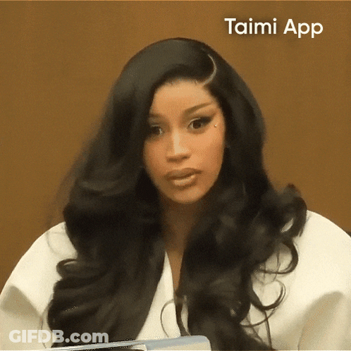 A Close Up Of A Woman 'S Face With The Taimi App On The Bottom Right GIF
