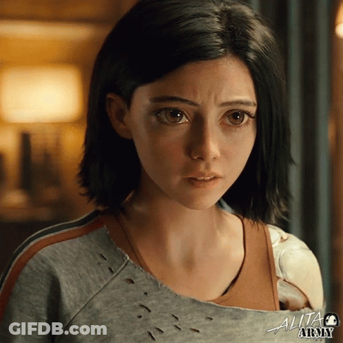 A Close Up Of A Woman 'S Face With The Word Alita Army In The Corner GIF