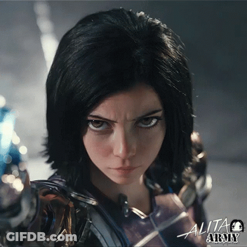 A Close Up Of A Woman 'S Face With The Word Alita Army On The Bottom GIF