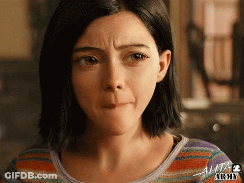 A Close Up Of A Woman 'S Face With The Word Alita Army On The Bottom Right GIF