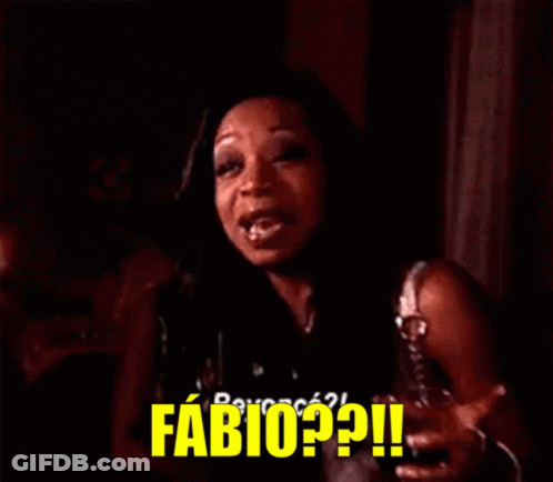 A Close Up Of A Woman 'S Face With The Word Fabio In Yellow GIF