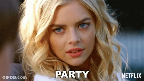 A Close Up Of A Woman 'S Face With The Word Party Written On It GIF