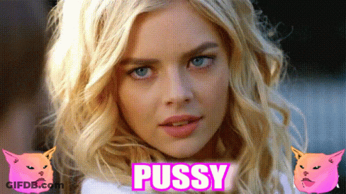 A Close Up Of A Woman 'S Face With The Word Pussy In Pink Letters GIF