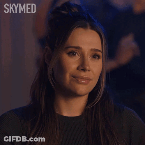 A Close Up Of A Woman 'S Face With The Word Skymed Behind Her GIF