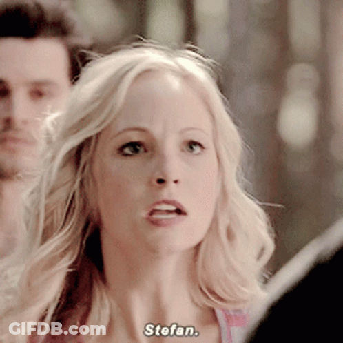 A Close Up Of A Woman 'S Face With The Word Stefan Written Below Her GIF