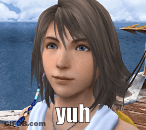 A Close Up Of A Woman 'S Face With The Word Yuh Written On It GIF